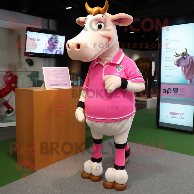 Pink Jersey Cow mascot costume character dressed with a Polo Shirt and Anklets Pink Jersey Cow mascot costume character dressed with a Polo Shirt and Anklets