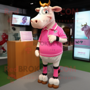 Pink Jersey Cow mascot costume character dressed with a Polo Shirt and Anklets