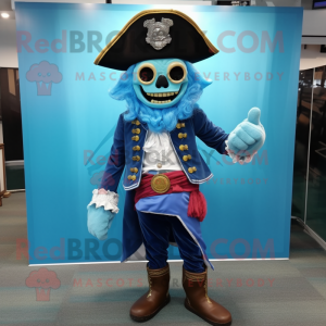 Sky Blue Pirate mascot costume character dressed with a Suit Jacket and Hair clips