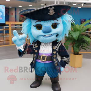 Sky Blue Pirate mascot costume character dressed with a Suit Jacket and Hair clips