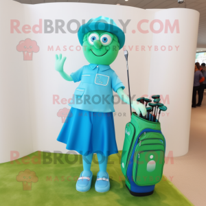 Cyan Golf Bag mascot costume character dressed with a A-Line Skirt and Anklets