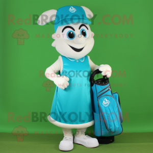Cyan Golf Bag mascot costume character dressed with a A-Line Skirt and Anklets
