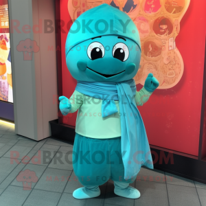 Teal Dim Sum mascot costume character dressed with a Jeggings and Scarf clips