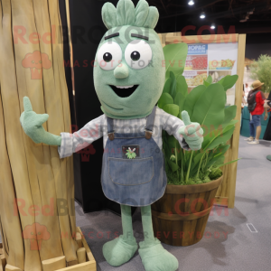 Gray Celery mascot costume character dressed with a Denim Shorts and Bracelets