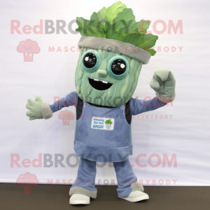 Gray Celery mascot costume character dressed with a Denim Shorts and Bracelets