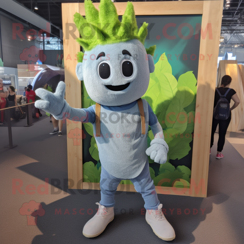 Gray Celery mascot costume character dressed with a Denim Shorts and Bracelets