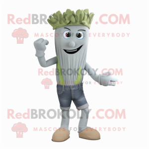 Gray Celery mascot costume character dressed with a Denim Shorts and Bracelets