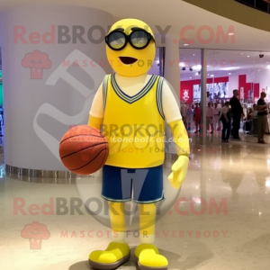 Lemon Yellow Basketball Ball mascot costume character dressed with a Flare Jeans and Reading glasses