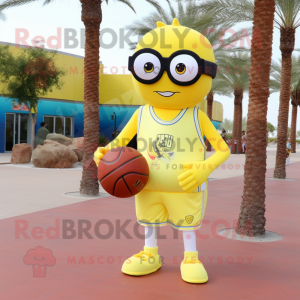 Lemon Yellow Basketball Ball mascot costume character dressed with a Flare Jeans and Reading glasses