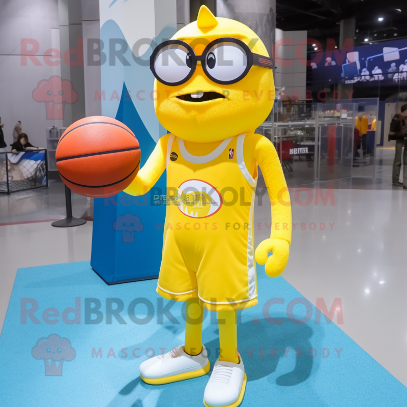 Lemon Yellow Basketball Ball mascot costume character dressed with a Flare Jeans and Reading glasses Lemon Yellow Basketball Ball mascot costume character dressed with a Flare Jeans and Reading glasses