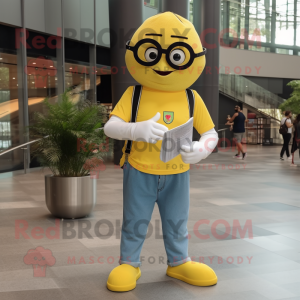 Lemon Yellow Basketball Ball mascot costume character dressed with a Flare Jeans and Reading glasses