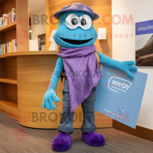 Purple Attorney mascot costume character dressed with a Chambray Shirt and Shawls