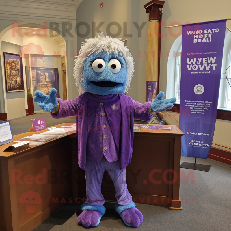 Purple Attorney mascot costume character dressed with a Chambray Shirt and Shawls