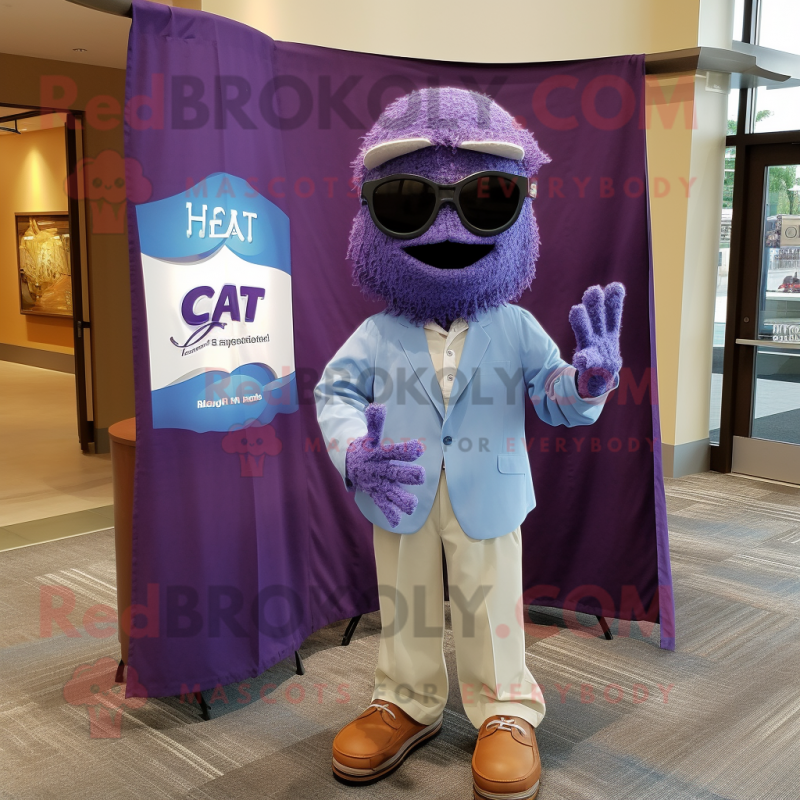 Purple Attorney mascot costume character dressed with a Chambray Shirt and Shawls Purple Attorney mascot costume character dressed with a Chambray Shirt and Shawls