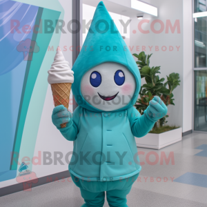 Teal Ice Cream Cone mascot costume character dressed with a Hoodie and Cummerbunds