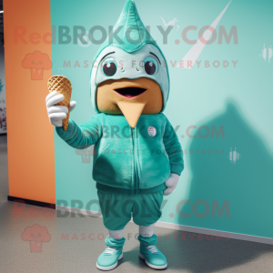 Teal Ice Cream Cone mascot costume character dressed with a Hoodie and Cummerbunds