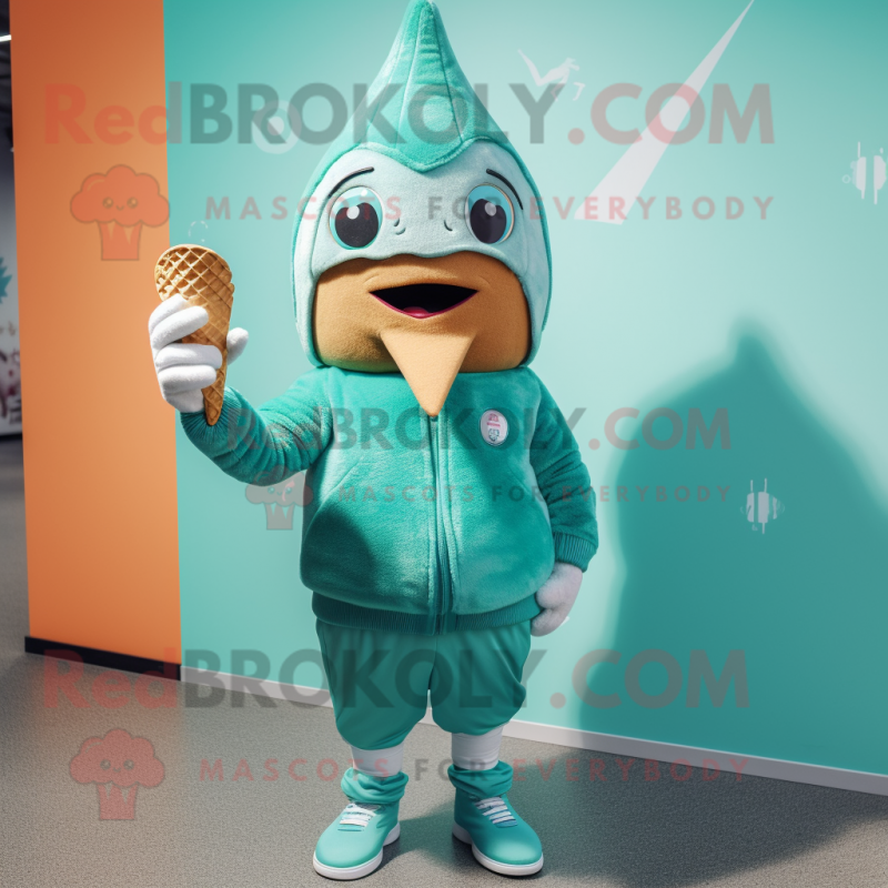 Teal Ice Cream Cone mascot costume character dressed with a Hoodie and Cummerbunds Teal Ice Cream Cone mascot costume character dressed with a Hoodie and Cummerbunds