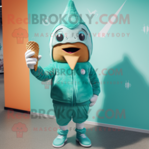 Teal Ice Cream Cone mascot costume character dressed with a Hoodie and Cummerbunds