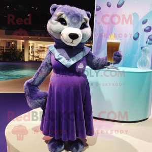 Purple Otter mascot costume character dressed with a Cocktail Dress and Gloves