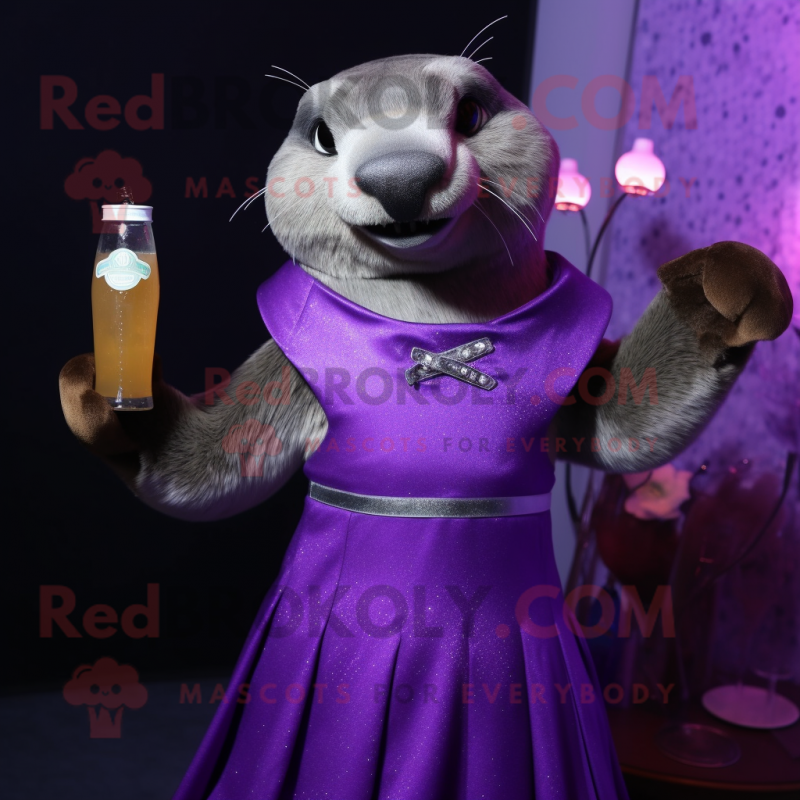 Purple Otter mascot costume character dressed with a Cocktail Dress and Gloves