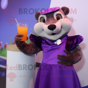 Purple Otter mascot costume character dressed with a Cocktail Dress and Gloves