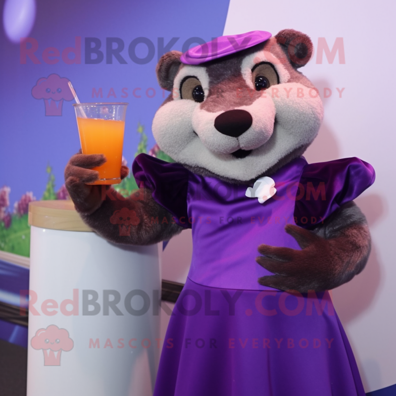 Purple Otter mascot costume character dressed with a Cocktail Dress and Gloves