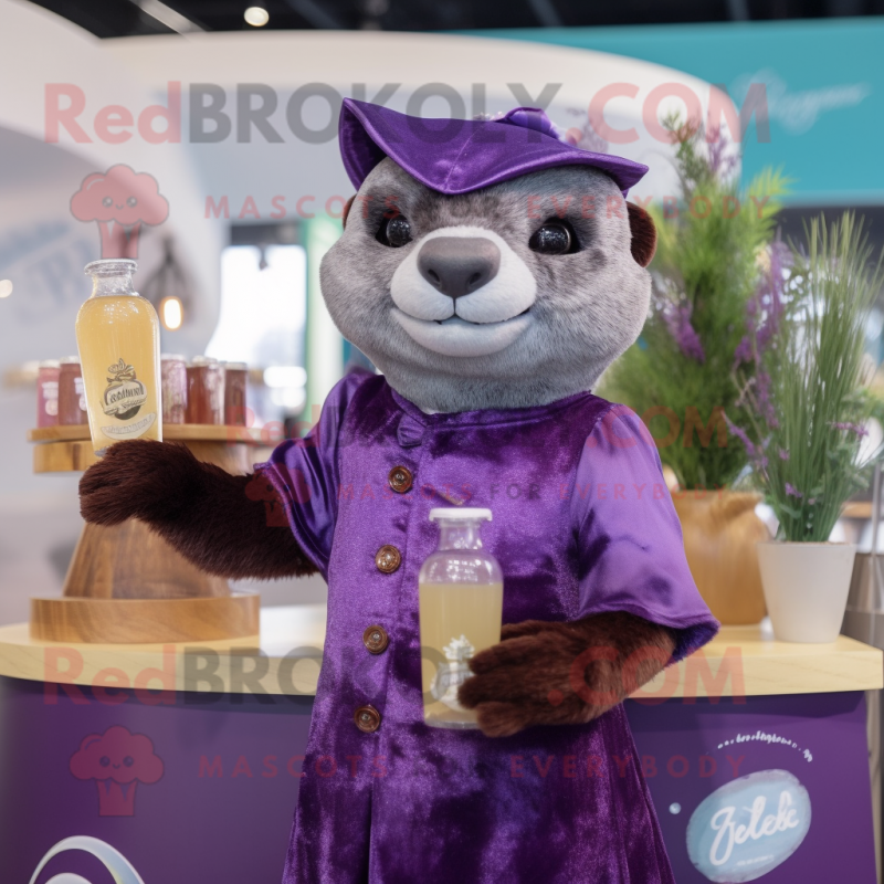 Purple Otter mascot costume character dressed with a Cocktail Dress and Gloves