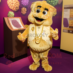 Gold Grape mascot costume character dressed with a Henley Tee and Lapel pins