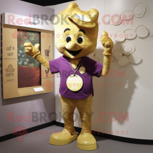 Gold Grape mascot costume character dressed with a Henley Tee and Lapel pins