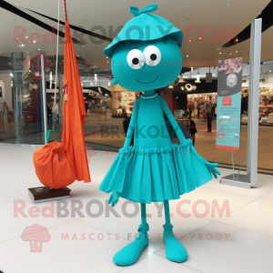 Turquoise Trapeze Artist mascot costume character dressed with a Mini Dress and Messenger bags