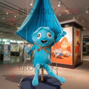 Turquoise Trapeze Artist mascot costume character dressed with a Mini Dress and Messenger bags