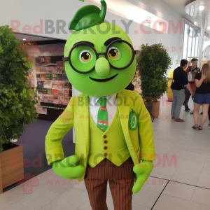 Lime Green Apple mascot costume character dressed with a Waistcoat and Eyeglasses