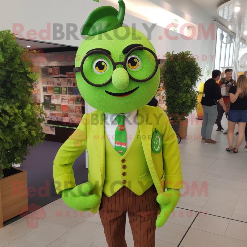 Lime Green Apple mascot costume character dressed with a Waistcoat and Eyeglasses Lime Green Apple mascot costume character dressed with a Waistcoat and Eyeglasses
