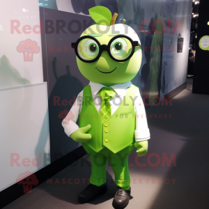 Lime Green Apple mascot costume character dressed with a Waistcoat and Eyeglasses