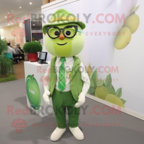 Lime Green Apple mascot costume character dressed with a Waistcoat and Eyeglasses