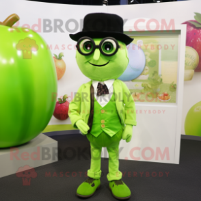 Lime Green Apple mascot costume character dressed with a Waistcoat and Eyeglasses