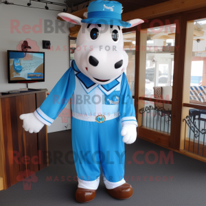Sky Blue Hereford Cow mascot costume character dressed with a Dress Shirt and Mittens