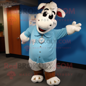 Sky Blue Hereford Cow mascot costume character dressed with a Dress Shirt and Mittens