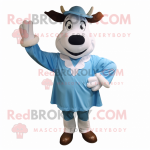 Sky Blue Hereford Cow mascot costume character dressed with a Dress Shirt and Mittens