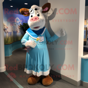 Sky Blue Hereford Cow mascot costume character dressed with a Dress Shirt and Mittens