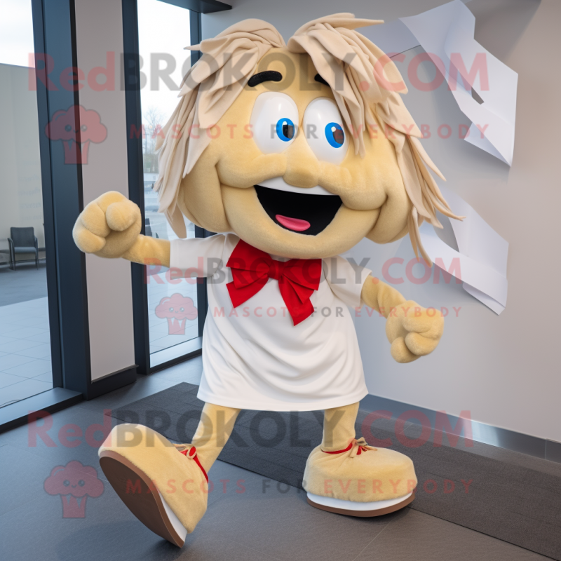 Beige Goulash mascot costume character dressed with a Running Shorts and Bow ties