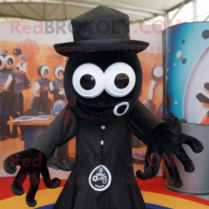 Black Squid mascot costume character dressed with a Oxford Shirt and Rings