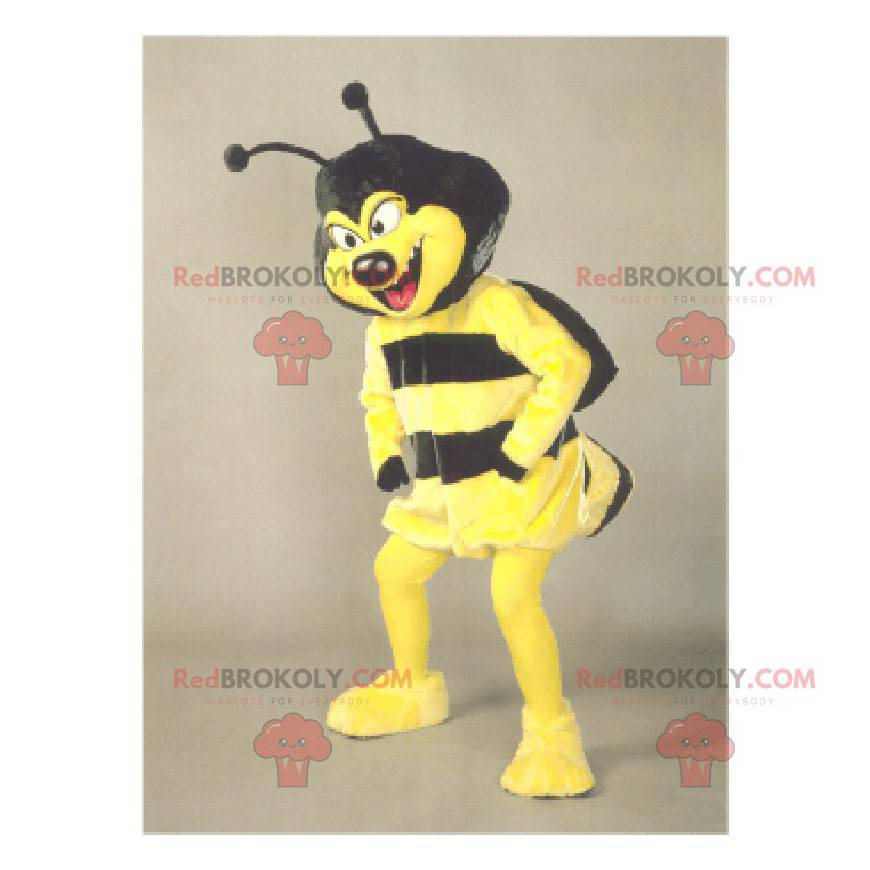 Mascote de vespa amarela e preta com um olhar travesso -
