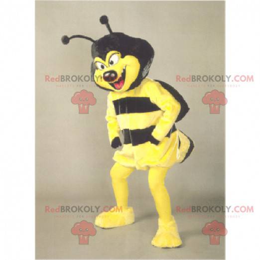 Yellow and black wasp mascot with a mischievous look -