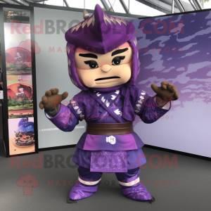 Purple Samurai mascot costume character dressed with a Dress Shirt and Hair clips