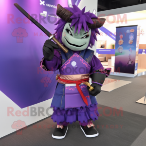 Purple Samurai mascot costume character dressed with a Dress Shirt and Hair clips