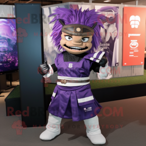 Purple Samurai mascot costume character dressed with a Dress Shirt and Hair clips