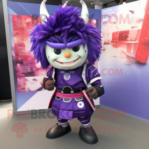 Purple Samurai mascot costume character dressed with a Dress Shirt and Hair clips