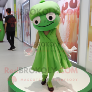 Green Miso Soup mascot costume character dressed with a Blouse and Shoe laces