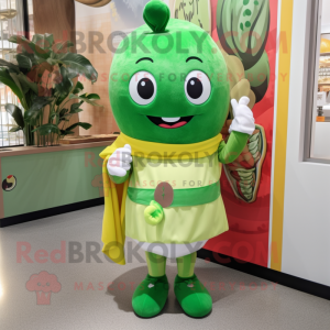 Green Miso Soup mascot costume character dressed with a Blouse and Shoe laces